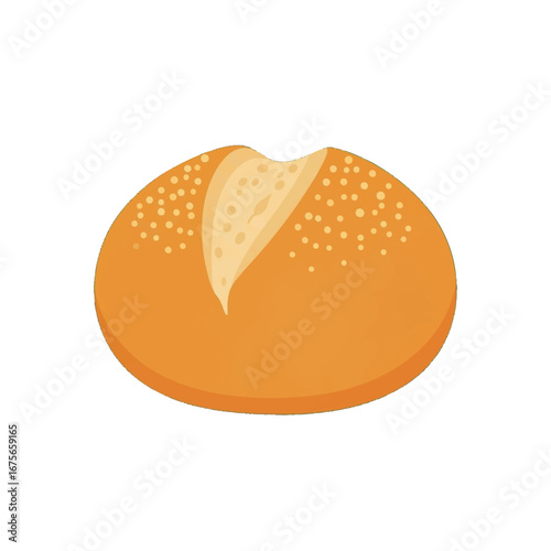 A simple, round loaf of bread, sliced in half, is displayed against a black backdrop.