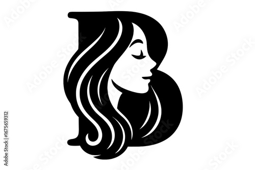 Initial letter B logo with beautiful woman face profile silhouette. Elegant vector icon for beauty salon, spa, cosmetics. Feminine monogram with long hair. Fashion logotype.