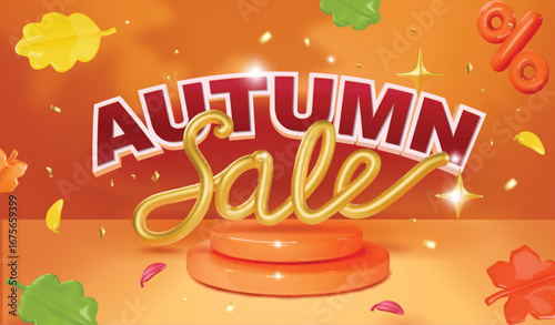 Autumn sale banner with 3d podium for promotions with colorful fall leaves, percentage sign for display new products. Round pedestal for seasonal offers, promo,presentation Vector