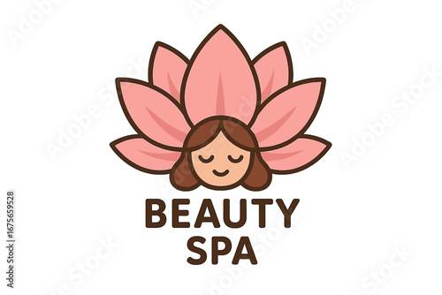 Beauty spa logo with woman's face in a pink lotus flower. Serene mascot for wellness, cosmetics, or salon. Natural skincare and relaxation concept. Vector character illustration.