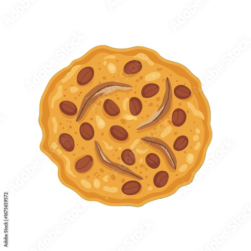 A circular, golden-yellow pastry is topped with brown coffee beans and swirls of a light, caramel-like color.