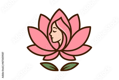 Woman face in pink lotus flower logo. Beauty, spa, and wellness concept. Natural cosmetics and yoga studio icon. Feminine profile silhouette for salon or massage therapy brand.