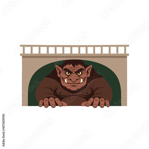 A large, menacing troll peers out from beneath a stone bridge, its intense gaze fixed on the viewer.