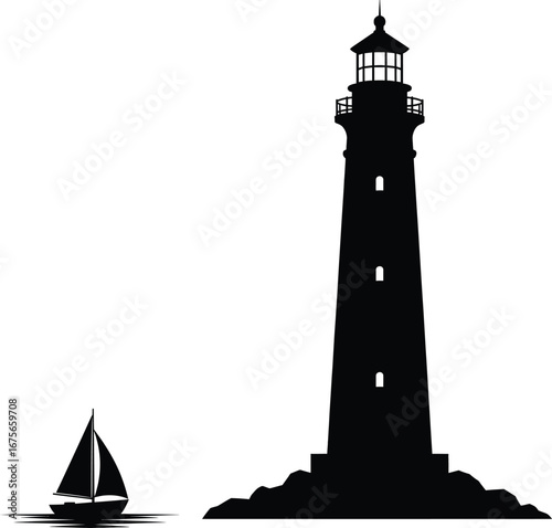 Silhouette of a lighthouse and a sailboat on a white background beacon maritime