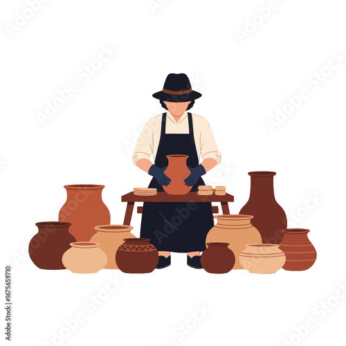 A skilled artisan meticulously shapes a clay vessel, surrounded by a display of handcrafted pottery.