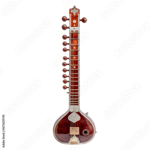 Traditional indian sitar musical instrument with intricate detailing and decorative elements isolated on transparent background