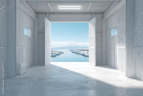 Bright coastal warehouse interior showcasing a stunning view of a marina filled with boats under a clear blue sky in a serene atmosphere