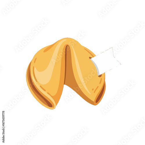A golden fortune cookie, artfully illustrated, with a small white slip of paper tucked inside.