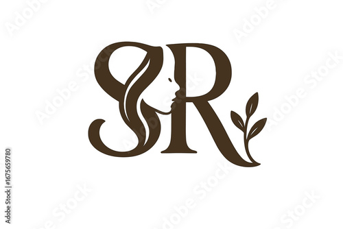 SR monogram logo design with woman face silhouette. Letters S and R for beauty salon, spa, skin care brand. Natural, organic cosmetic icon. Elegant feminine logotype with leaf.