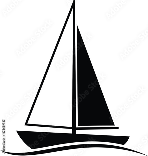 Simple black silhouette of a sailboat on wavy water sailing watercraft