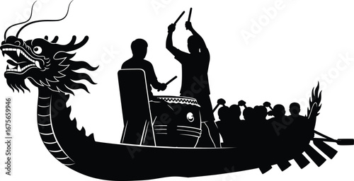 Silhouette of a Dragon Boat with Paddlers and Drummer on White Background racing water