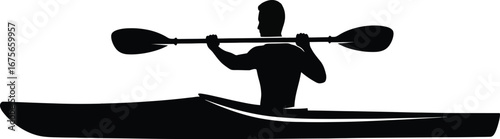 Silhouette of a Kayaker Holding a Paddle on White Background kayaking canoe