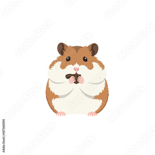 A cheerful illustration of a plump hamster happily munching on a seed.