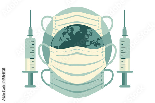 Earth with mask surrounded by syringes in pandemic context