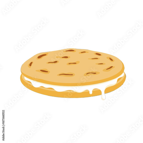 A delectable sandwich cookie with a creamy filling, showcasing a vibrant yellow-orange hue and a simple, flat design.