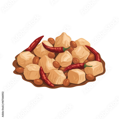 A colorful illustration of a dish featuring chicken, chili peppers, and peanuts, with a rich, appetizing appearance.