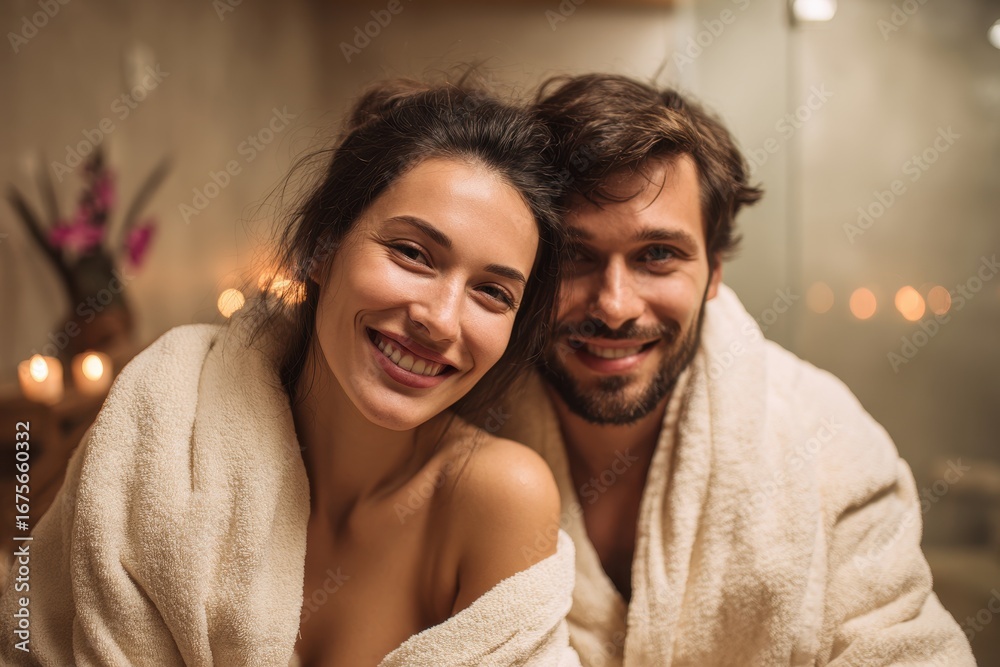 Fototapeta premium Happy couple enjoying relaxation at a spa salon during a peaceful evening with soft candlelight creating an inviting atmosphere for rejuvenation and connection