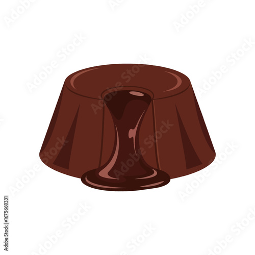 A rich, dark chocolate dessert, highlighted by molten chocolate, is presented against a stark black background.