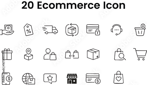 Shopping Outline Icon Set – 20 Linear Style Vector Illustrations with Editable Stroke for E-commerce and Retail Design