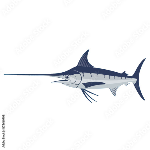 A detailed illustration of a marbled marlin, showcasing its striking silhouette against a stark black backdrop.