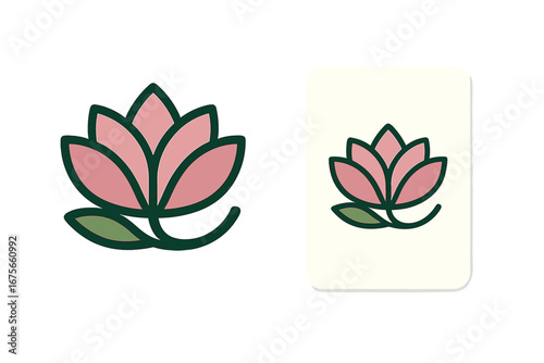 Elegant lotus flower logo and business card design for wellness, spa, or yoga studio. Minimal floral nature symbol for branding. Abstract vector icon for beauty company.