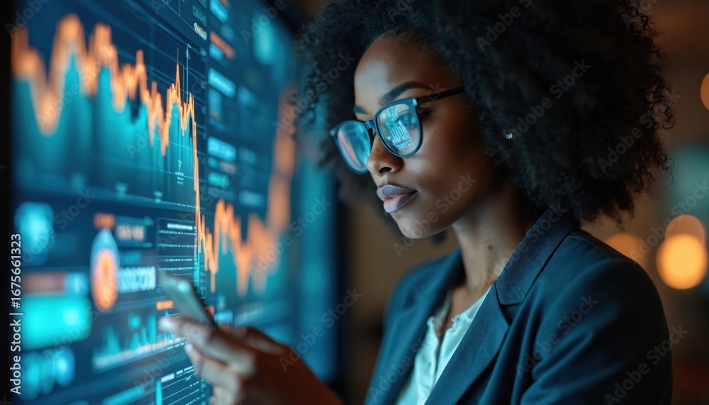 Fototapeta premium African businesswoman wearing glasses analyzes data on futuristic tablet with digital overlay displaying stock market charts. Holds smartphone, focusing on complex financial information for business