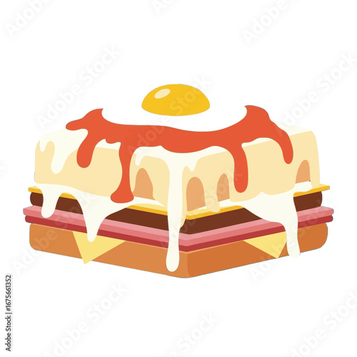 A colorful illustration of a delicious, layered sandwich, topped with a fried egg and vibrant sauce, showcasing a delightful food theme.