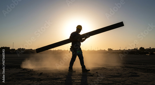 Silhouette of a construction worker carrying a long beam against the setting sun.