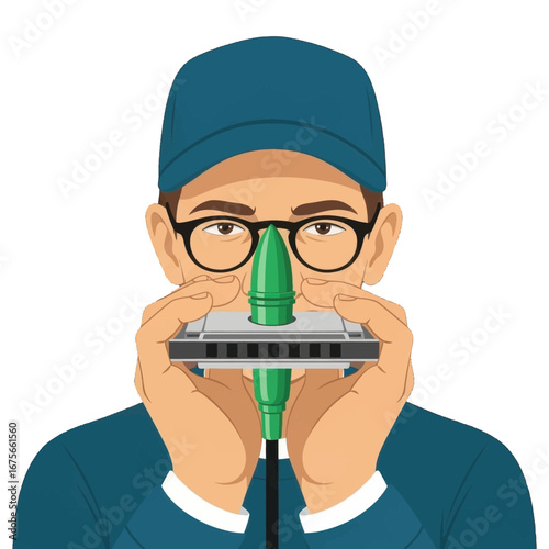 Close-up view of a person playing a harmonica with a green bullet-shaped object resting on top.