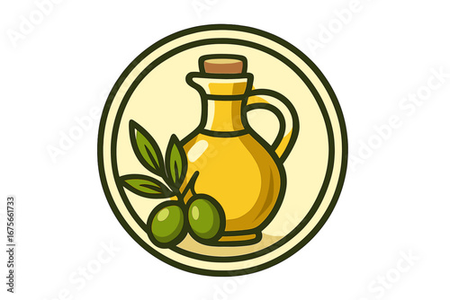 Olive oil logo design in a circle emblem. Vector cartoon icon with an olive branch and leaves. Jug, pitcher, or bottle of extra virgin oil for gourmet mediterranean cooking.