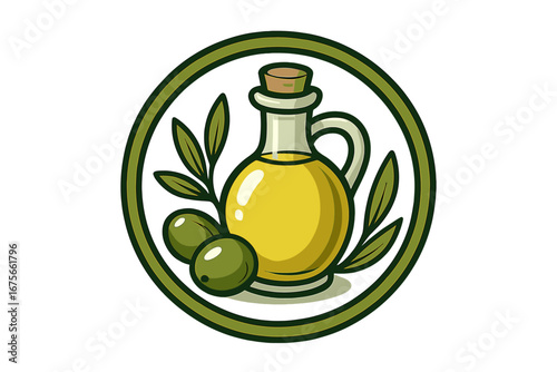 Olive oil logo vector. Cartoon illustration of a bottle with organic extra virgin oil. Green olives and branch. Healthy food concept for label, sticker or emblem. Farm product.