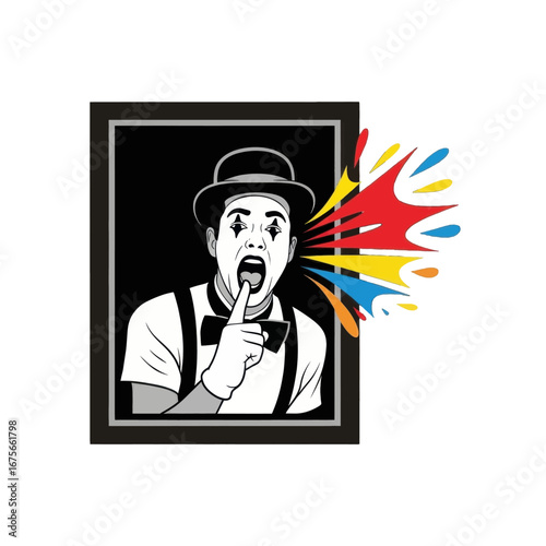 A monochrome mime with vibrant, colorful splashes erupting from their mouth, set within a framed image, conveys a sense of dramatic expression.