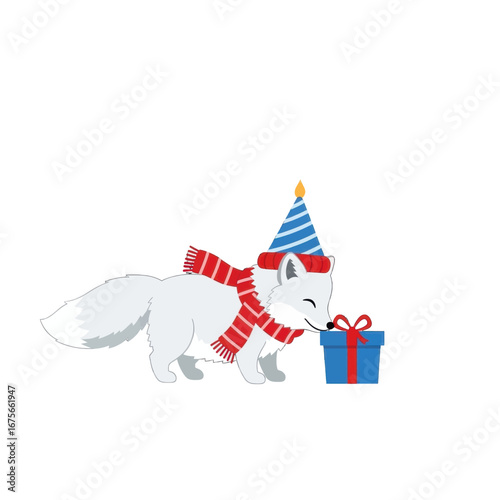 A playful arctic fox, dressed in a festive party hat and scarf, eagerly sniffs a birthday gift.