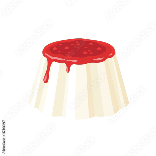 A delectable illustration of a creamy panna cotta dessert, topped with a vibrant red fruit sauce, showcasing its smooth, flowing texture.