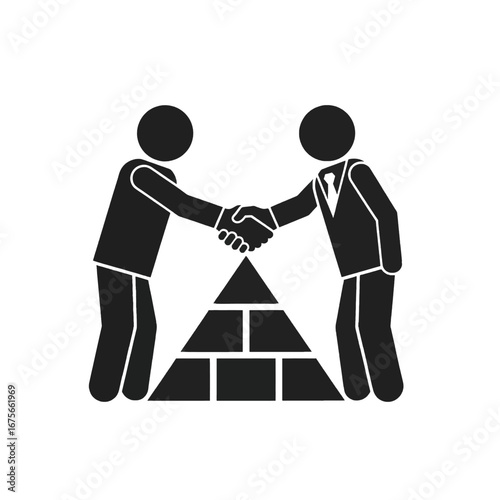 Two figures in formal attire shake hands above a pyramid constructed of blocks, symbolizing a partnership or agreement.