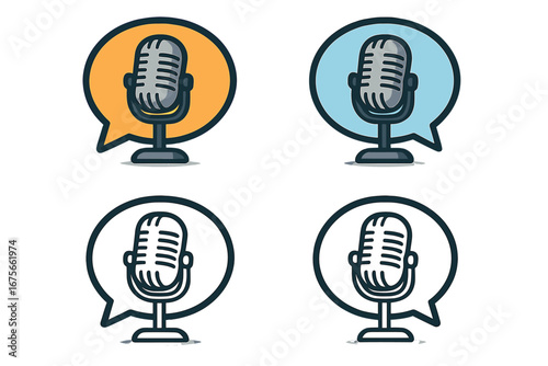 Podcast microphone in a speech bubble vector icon set. Radio broadcast or interview logo concept. Voice recording and communication symbol. Flat cartoon illustration collection.