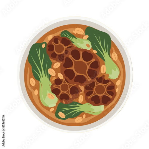 A bowl of savory soup, highlighted by browned meat chunks and fresh greens, is presented in a flat lay style.