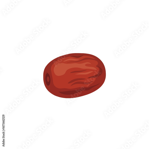 A stylized illustration of a single, plump, reddish-brown fruit, set against a completely black background.