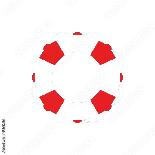 Flat graphic design of a life preserver with simple red and white colors against a black background.