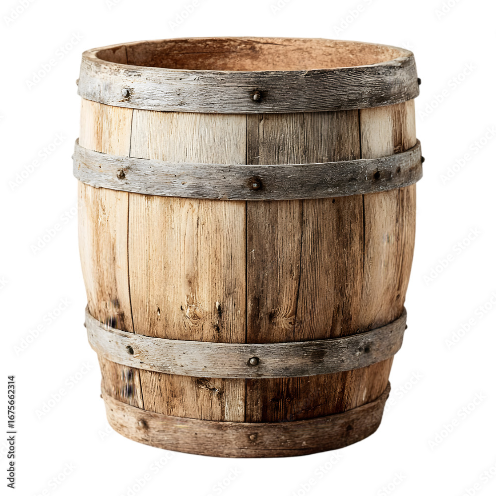 Obraz premium A rustic wooden barrel with metal bands and weathered planks showcasing aged craftsmanship and a vintage aesthetic isolated on transparent background