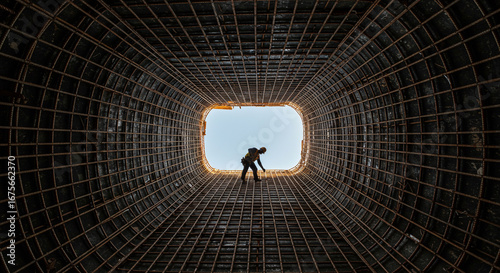 A worker inside a steel framework, constructing a building, with a view of the sky.