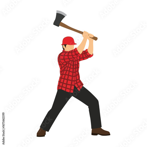 A strong lumberjack, in a red and black checkered shirt, is poised to swing an axe.