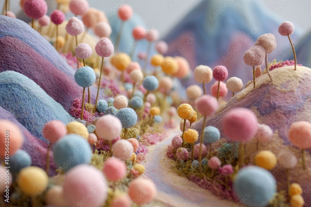 Obraz premium Whimsical pastel landscape dotted with miniature fluffy trees and rolling hills under soft light during a serene afternoon
