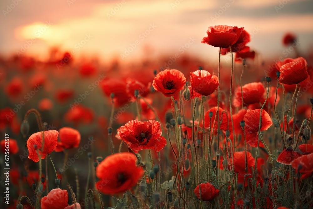 Fototapeta premium Stunning field of red poppies blooming under a golden sunset in a tranquil rural landscape