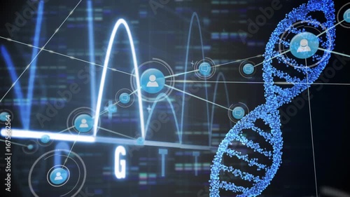 Animation of medical caduceus symbol, icons in hexagon forming globe, dna helix over multiple texts