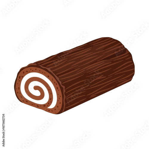 A delightful illustration of a chocolate log roll cake, featuring a spiral of white frosting.