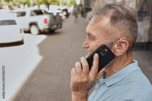 Elderly man with hearing aid has a full life and can hear interlocutor on phone. Hearing solution and innovation technology