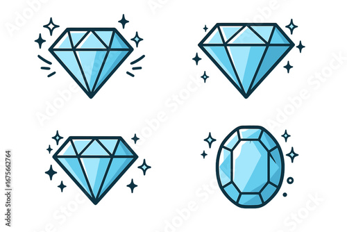 Set of shining diamond vector icons. Cartoon gem and crystal logo illustration. Precious gemstone collection for luxury and wealth concepts. Brilliant sparkling jewels design.