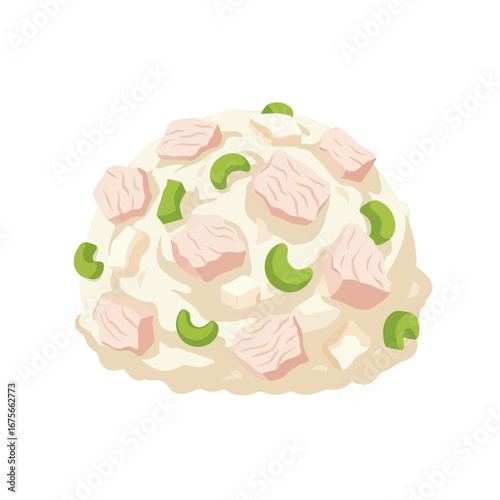 A colorful illustration showcases a delectable mound of creamy tuna salad, topped with pieces of celery.