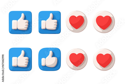 Social media 3D icon set. Like and love buttons with thumb up and heart symbols. Notification and reaction signs for web design, UI, UX, and mobile app interfaces.
